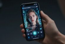 Pessoa usando um celular para criar imagens digitais com o DALL-E, com elementos visuais futuristas na tela