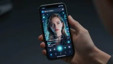 Pessoa usando um celular para criar imagens digitais com o DALL-E, com elementos visuais futuristas na tela