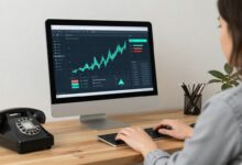 Pessoa trabalhando em casa com computador, cercada por elementos que representam a evolução histórica do home office, do telefone à tecnologia digital