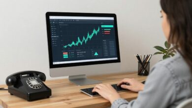 Pessoa trabalhando em casa com computador, cercada por elementos que representam a evolução histórica do home office, do telefone à tecnologia digital