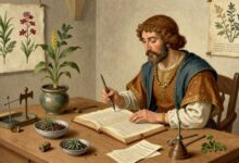 Ilustração histórica detalhada de um ambiente de medicina antiga, com médico observando plantas medicinais, instrumentos cirúrgicos, manuscritos e elementos da Grécia, Egito e Roma.