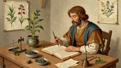 Ilustração histórica detalhada de um ambiente de medicina antiga, com médico observando plantas medicinais, instrumentos cirúrgicos, manuscritos e elementos da Grécia, Egito e Roma.