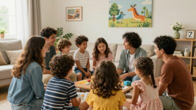 Família brasileira reunida em um ambiente acolhedor, ouvindo uma história infantil interativa com elementos sonoros e muita imaginação