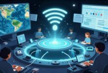 Ilustração conceitual de uma rede Wi-Fi conectando dispositivos terrestres a um buraco negro observado por radiotelescópios no espaço