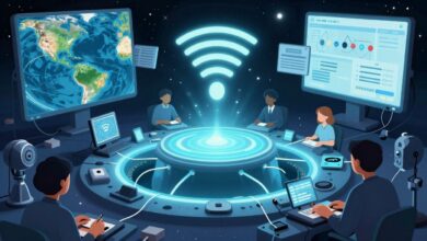 Ilustração conceitual de uma rede Wi-Fi conectando dispositivos terrestres a um buraco negro observado por radiotelescópios no espaço