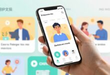Pessoa usando um aplicativo de criação de stories animados em um smartphone, com templates coloridos, textos em movimento e elementos visuais modernos na tela