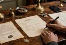 Composição histórica mostrando um cheque antigo sobre uma mesa de madeira, moedas metálicas, documentos bancários e elementos de pagamentos digitais ao fundo