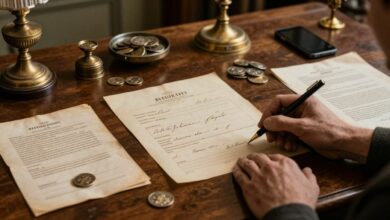 Composição histórica mostrando um cheque antigo sobre uma mesa de madeira, moedas metálicas, documentos bancários e elementos de pagamentos digitais ao fundo