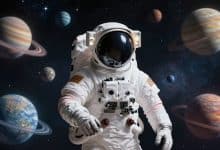 Visão artística do espaço profundo com astronauta, planetas, estrelas e fenômenos cósmicos que desafiam o senso comum