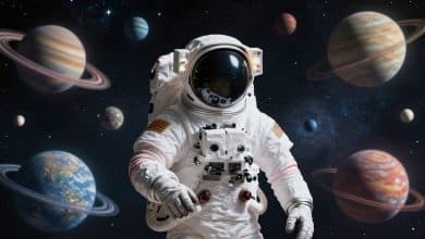 Visão artística do espaço profundo com astronauta, planetas, estrelas e fenômenos cósmicos que desafiam o senso comum