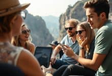 Grupo de amigos viajando e usando um aplicativo para organizar despesas compartilhadas durante uma viagem