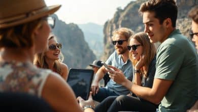 Grupo de amigos viajando e usando um aplicativo para organizar despesas compartilhadas durante uma viagem