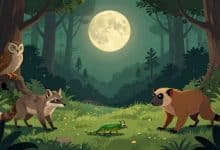Colagem realista de uma coruja, um gato, uma raposa, um lêmure, um társio, um gecko, um morcego e um cervo em uma floresta noturna iluminada pela lua