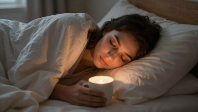 Pessoa sentada perto da janela em um dia nublado, com luz suave, cobertor e uma xícara quente, representando a relação entre clima e sonolência