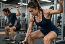 Pessoa retomando treino de força em uma academia, com destaque visual para músculos e conexões neurais representando a memória muscular
