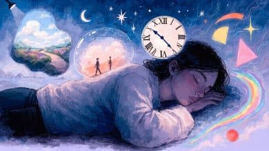 Ilustração onírica de uma pessoa dormindo enquanto imagens de memória, estrelas e paisagens surreais flutuam ao redor, evocando curiosidades sobre sonhos.