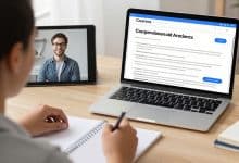 Pessoa estudando pelo aplicativo Coursera em um tablet, com anotações e materiais de aprendizagem em uma mesa iluminada