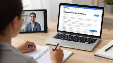 Pessoa estudando pelo aplicativo Coursera em um tablet, com anotações e materiais de aprendizagem em uma mesa iluminada