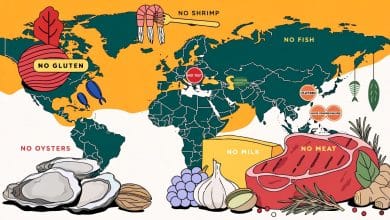Composição editorial de pratos e ingredientes sujeitos a proibições e restrições em diferentes países, com mapa-múndi ao fundo.