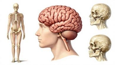 Ilustração científica elegante do corpo humano com detalhes visuais sobre cérebro, impressões digitais, arrepios e ossos em renovação