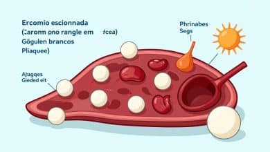 Ilustração científica detalhada do sangue em circulação, mostrando glóbulos vermelhos, glóbulos brancos e plaquetas em um vaso sanguíneo.